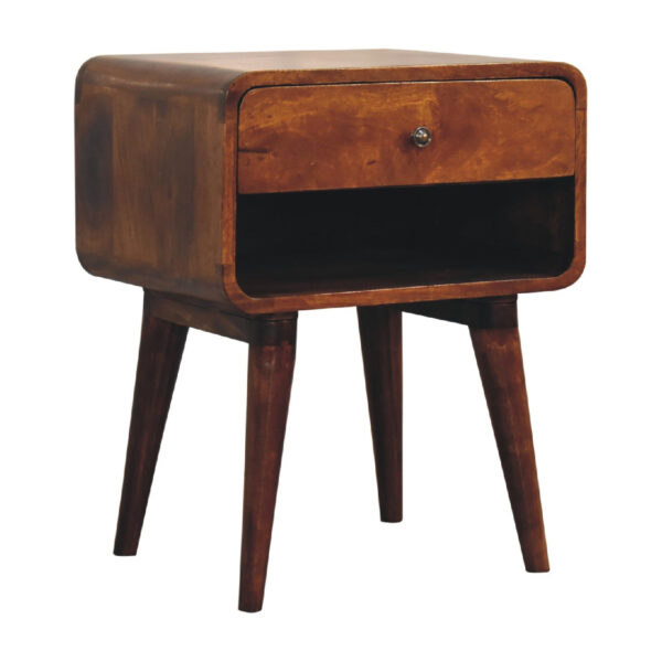 Mensta Curved Chestnut Bedside Table with Open Slot – Modern & Functional - Image 2