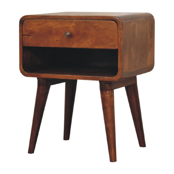Mensta Curved Chestnut Bedside Table with Open Slot – Modern & Functional - Image 3