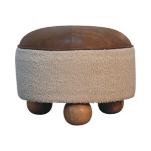 mensta Cream Boucle Footstool with Buffalo Hide Accent – Cozy & Stylish